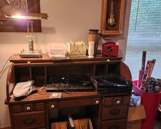 Roll top desk, wall clock