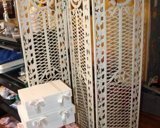 iron folding screen; decorative nesting boxes