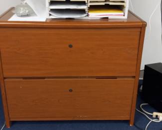 several wooden and metal lateral two drawer file cabinets, plus regular 4 drawer metal.