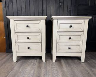 Lot - 6
Modern Rustic Antiqued White 3-Drawer Nightstand Pair