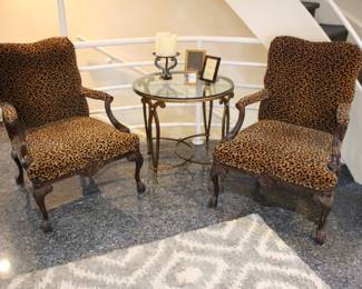 Pair leopard upholstered armchairs & Sherrill round table