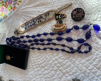 Vtg bead work bracelet & pin; vtg glass bead scarab lariat necklace