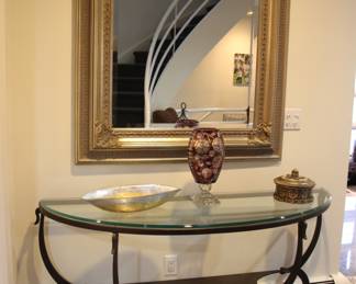 Two tier modern console; orange gilt mirror
