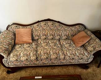 #4	Victorian couch Solid cushion Camel Back hand carved wood 86" long	 $100.00 
