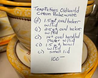 #75	Temptations Oldworld Cream Bakeware 6pcs.	 $100.00 
