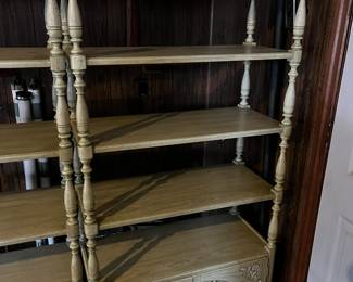 #55	Wood 4 shelf pickled display cabinet with 2 doors on bottom 33x15x71 with carved flowers	 $175.00 

