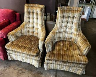 #51	Manstock wing back chairs with button back and button seat gold cream tan striped (sold as pair)	 $150.00 
