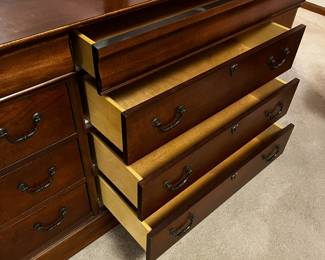 #16	Broyhill Dresser with mirror 8 drawers 68x19x35 (made in USA) small watermark on side beveled mirror 36x40	 $275.00 
