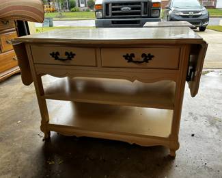 #47	Wood cream painted drop side end table with 2 drawers and 2 shelves (as-is finish) 37-57x20x26	 $75.00 
