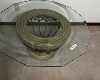 #32	Large beveled glass top table with heavy metal and resin base 40x19	 $60.00 
