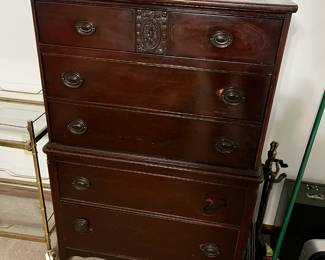 #27	Chest of drawers 5 drawer with carving with one divided drawer (as-is) missing one handle 33x19x50	 $125.00 
