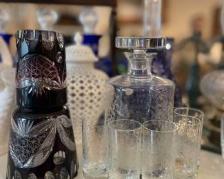 1976 American Cut LEAVES Design LIQUEUR Cordial Set, Decanter and 4 Shot Glasses & Vintage Bohemian Red Stars Carafe and Tumbler, Bohemian Cut to Clear Red Bedside Decanter