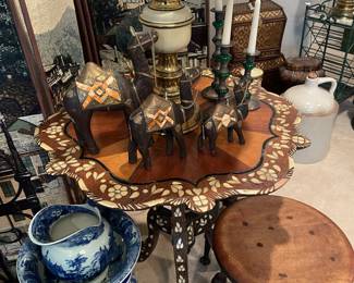 Gorgeous inlay mother of pearl accent table. Three inlay mother of pearl camels 