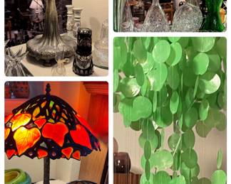 Tiffany style Lamps, Capiz Chandelier, Fine crystal, Signed pottery 