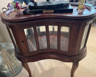 Vintage Kidney Shaped China Cabinet Curio with Curved glass doors and removable serving tray