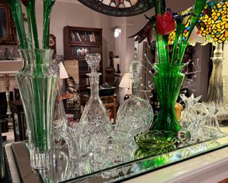 Blown glass, flowers,  beveled mirrors, Fine Crystal decanters