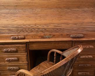 Quality oak roll top desk & cane back office chair