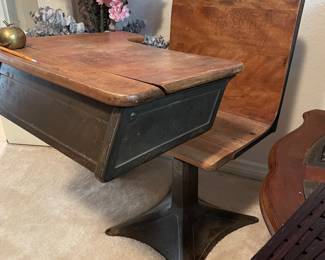 1920's WELFARE Brand School Desk & Chair Cast Iron Solid Wood 