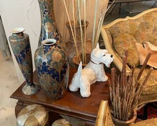 Vintage Scottish terrier, ceramic dog made in Italy, Moocraft style pottery vases, Antique brass & wooden round box cannisters 