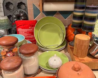 Crate & Barrel dishes, Teakwood cannisters and bakeware 