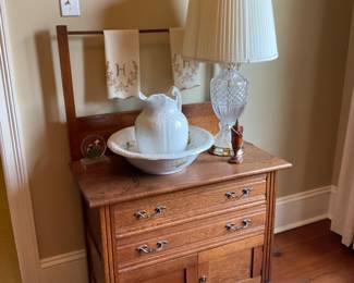 Antique Oak Wash stand 2 drawer/ 1 door with Tower Rack