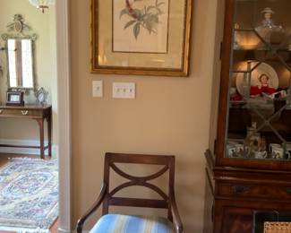 Hickory Chair Pull Up Chair covered in Blue and Gold Fabric