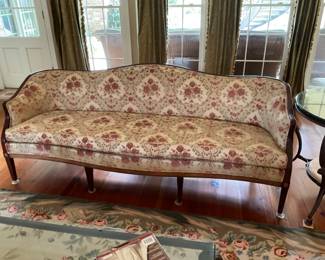 Hickory Chair Sheraton Sofa 84” covered in floral velvet fabric