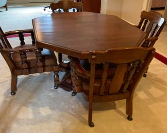 Octagonal Game Table and Chairs Brown Leather Cushions
