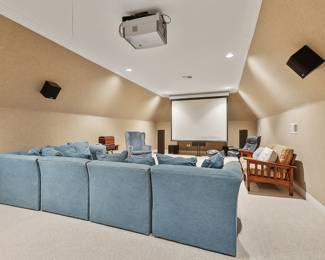 L Shaped Sofa Blue Velvet.  Queen Anne Wing Back Chair in Blue Velvet, Stickley 2 Cusion Love Seat covered in Multi Tweed Fabric with a Maple Frame