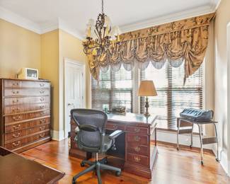 Hekman Desk with Tooled Leather Top made of Mahogany. National Mt. Airy 4 drawer file cabinet made of Mahogany.  Mesh Back Desk Chair