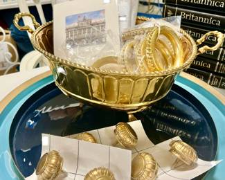 Hardware, candles, trays! Love the pops of gold with navy!