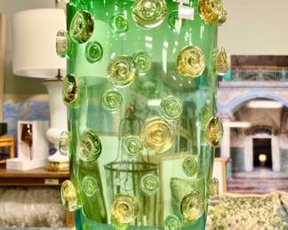 Hand Blown Green Murano Glass Vase with Gold Leaf Infused Dot Design. Retails for $3,000. Not our price!