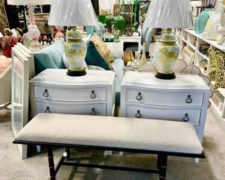 Shearling sheep wool bench with leather legs. Pair of Tommy Bahama end tables or night stands. Retail $1079. Not our price!