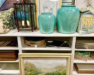 Turquoise vases by Wisteria, mix in some vintage and modern art! Lots of Pottery Barn frames.