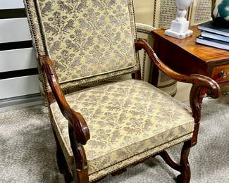Pair of English arm chairs with studded upholstery.