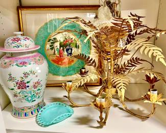 More ginger jars, art, fenton, and an awesome fern chandelier!