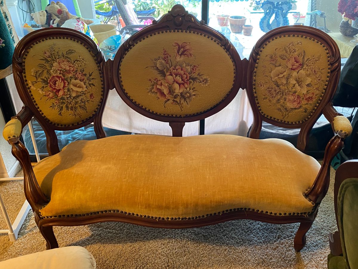 Antique Victorian Settee.  Carved Walnut,  gold  with 3 section back needlepoint upholstery  1850-1870