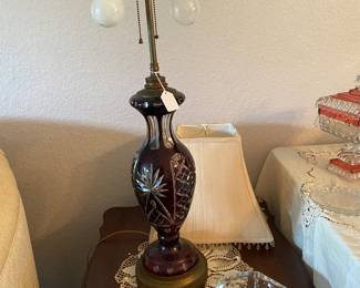 Beautiful Cranberry cut to clear dual table lamp, shade included