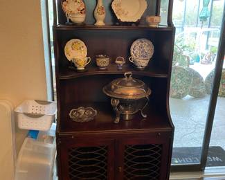Beautiful small buffet with shelves, cupboard doors, drawer and a writing/serving pullout tray