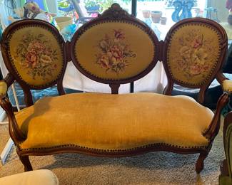Antique Victorian Settee.  Carved Walnut,  gold  with 3 section back needlepoint upholstery  1850-1870