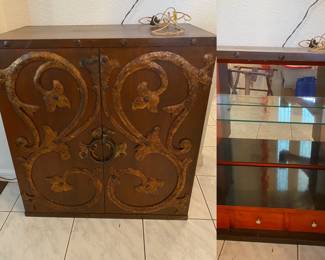 wood Bar cabinet with mirrored, glass shelves and bottom drawers