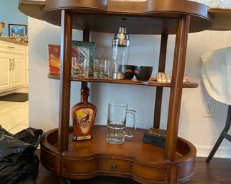Unique wood  Bar Cart on wheels, top slides in or out to reveal a drop down area