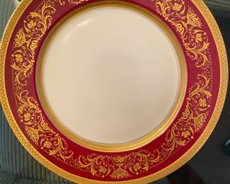 12 Czechoslovakian porcelain Dinner Plates with Cranberry colored edge & 24 karat Gold Overlay & Rim