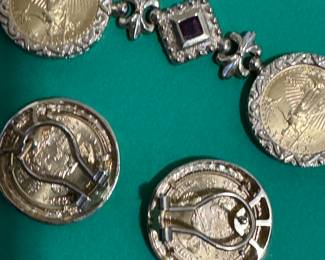 14k Gold Ae Designer $5 Lady Liberty 22k Gold Coin Bracelet W/ Stones