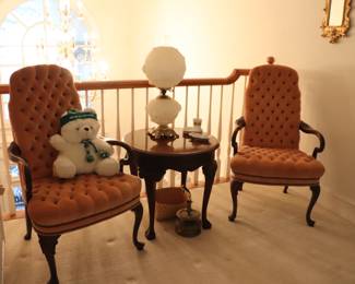 Mahogany side tble, Tufted Chairs & Fenten Puffy Rose Lamp