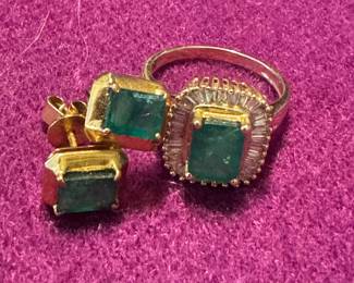 14 karat gold, diamond, and emerald ring and emerald earrings