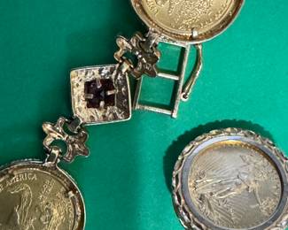 14k Gold Ae Designer $5 Lady Liberty 22k Gold Coin Bracelet W/ Stones