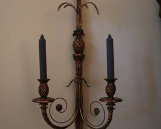 Vintage Extra Large Regency Pineapple Bow Tassel Iron Wall Candle Sconces