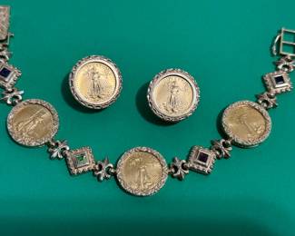 14k Gold Ae Designer $5 Lady Liberty 22k Gold Coin Bracelet W/ Stones