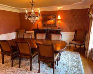 Dining room table with two leaves pads and storage bags.
-Century table originally $10,000
-two Henredon side chairs originally $2500 each
-6 L Victor side chairs originally $1400 each
